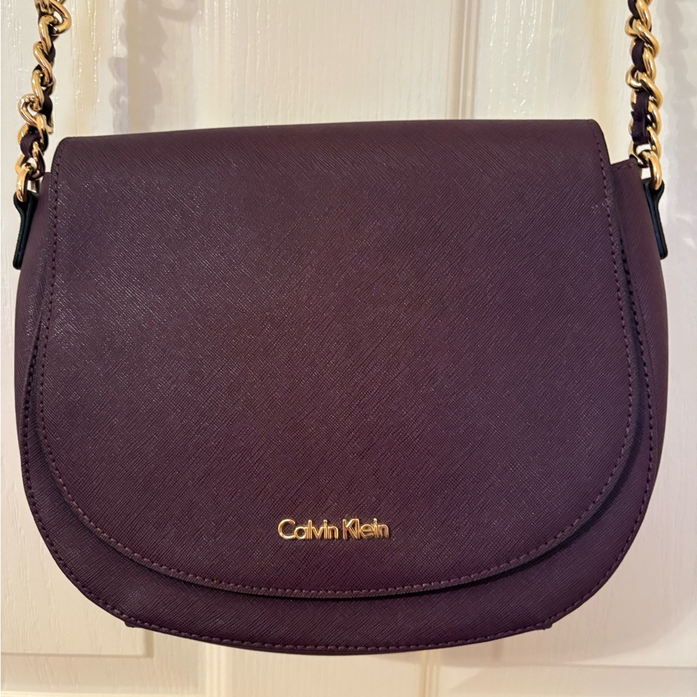 Calvin Klein Deep Plum Crossbody Saddle Bag with Gold Chain